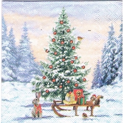 Serwetka -3290- MINI 25x25 cm , wzór 4 krotny  choinka, zajączek, sanki